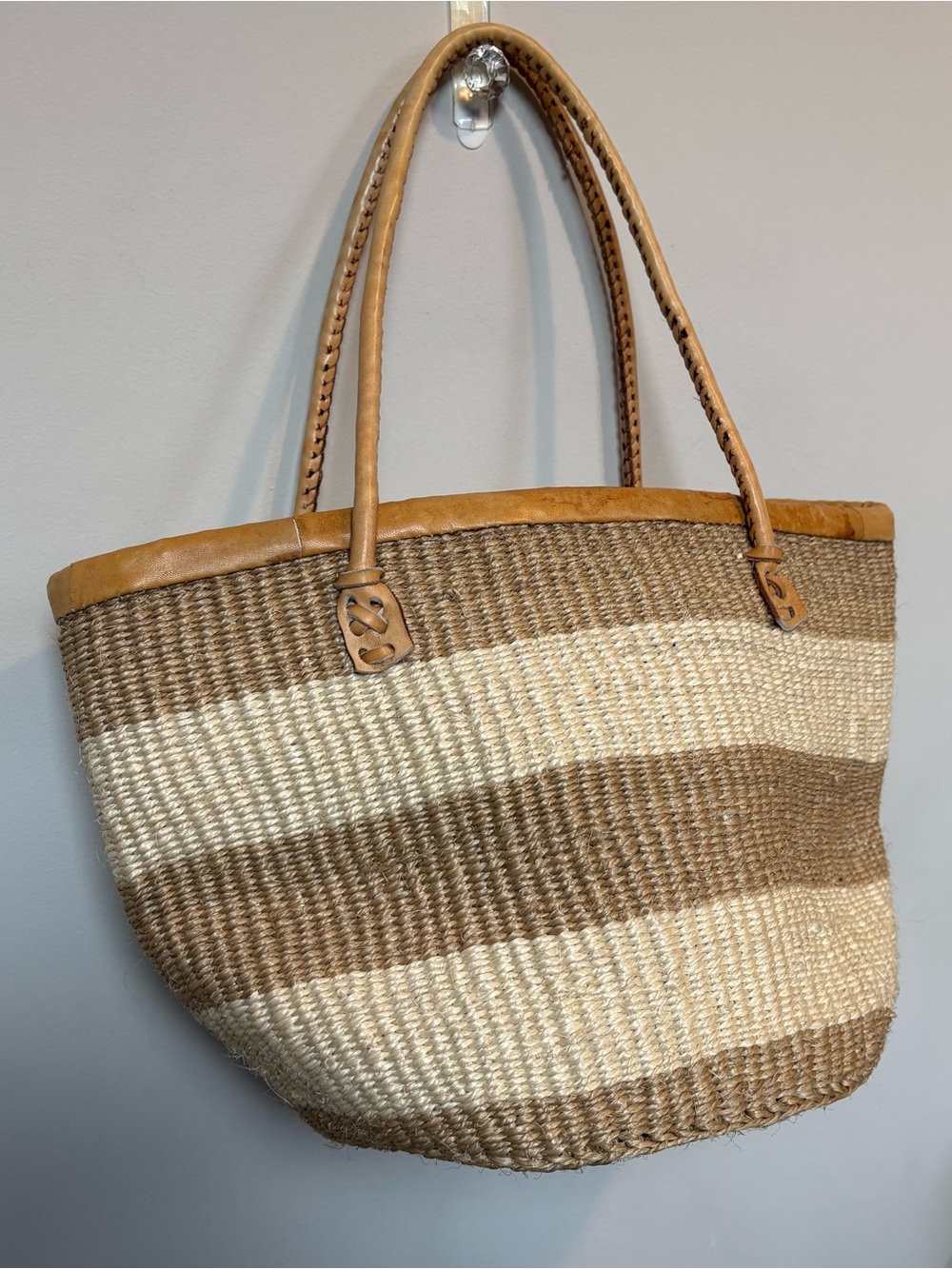 Striped Straw Tote Bag with Leather Handles - Tan & Cream